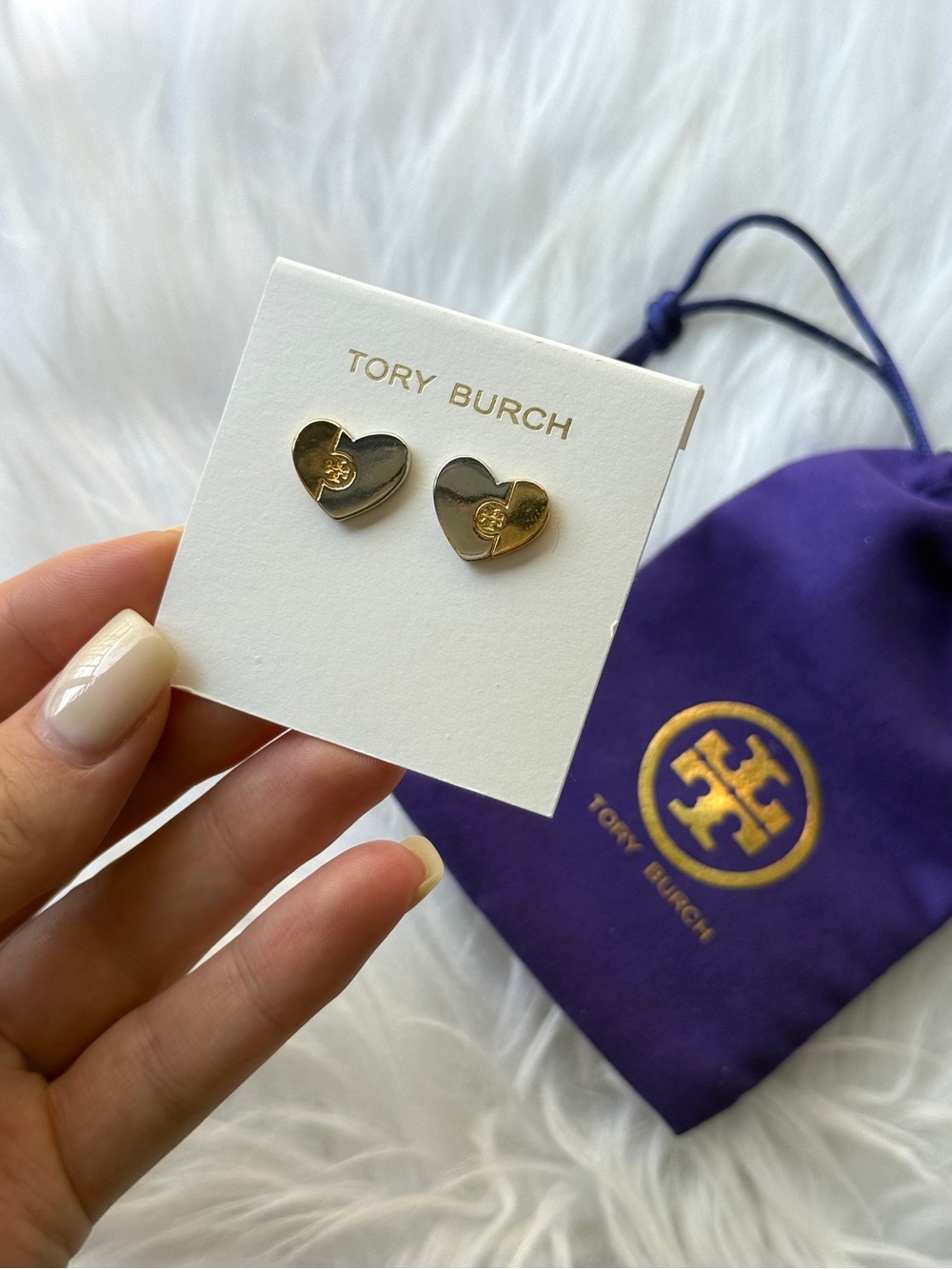 Tory Burch Gold and Silver Heart Stud Earrings New